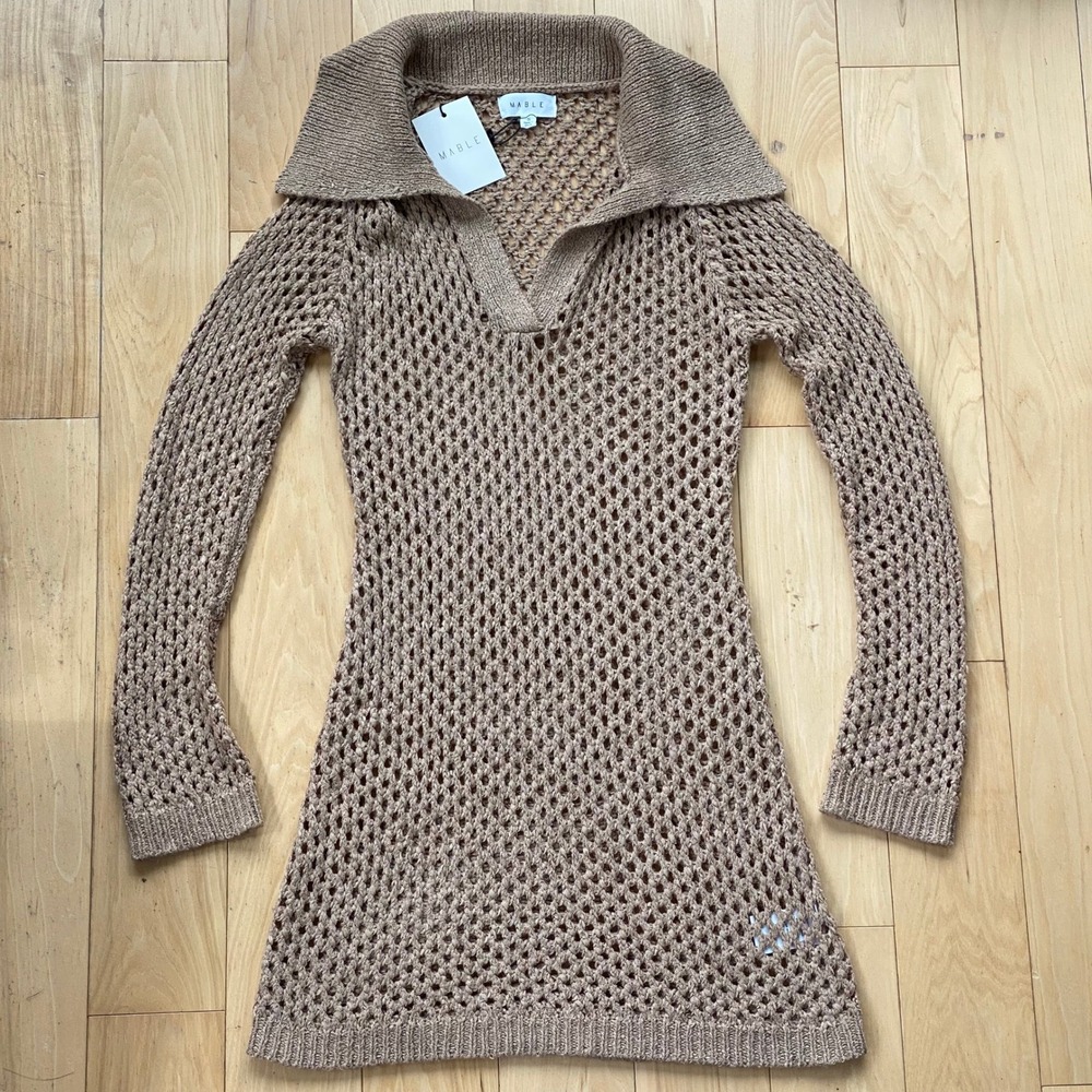 Mable Boho Tan Crochet Knit Long Sleeve Coverup Sheer Mini Dress Sexy Coastal- S